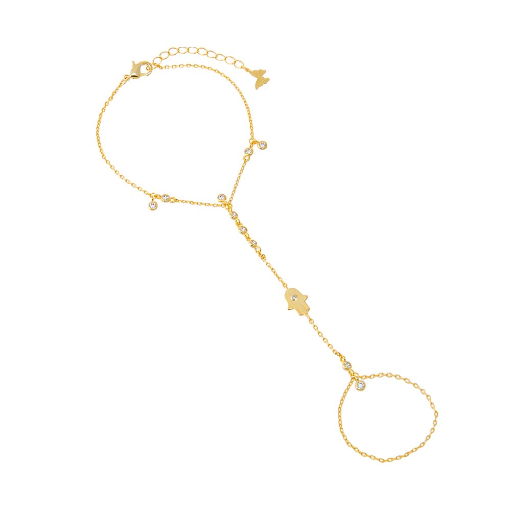 Gold CZ Hamsa Bezel Hand Chain Bracelet - Adina Eden's Jewels