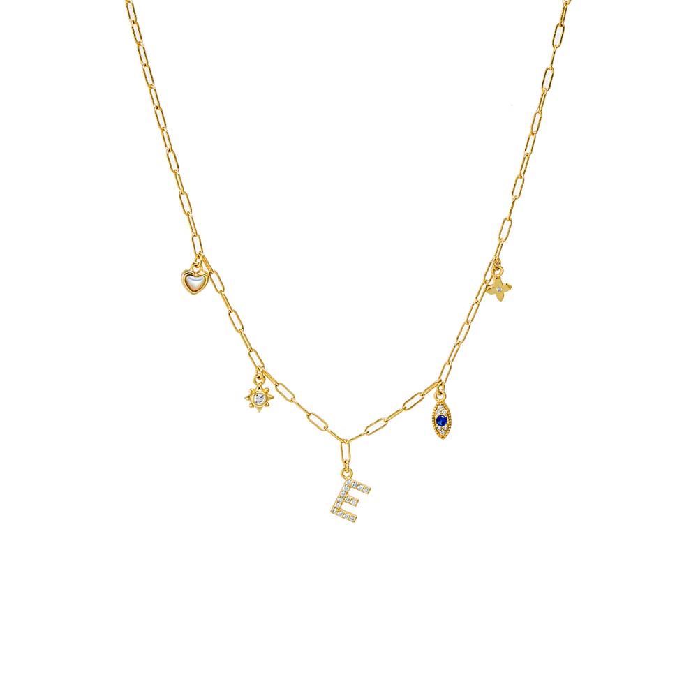 Gold / A Pave Initial & Charms Paperclip Necklace - Adina Eden's Jewels