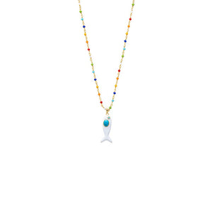 White Colored Enamel /Turquoise Fish Charm Extra Long Necklace - Adina Eden's Jewels