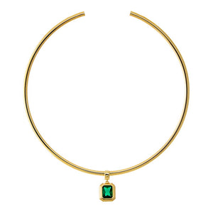 Colored CZ Emerald Bezel/ Solid Tube Open Collar Pendant Necklace