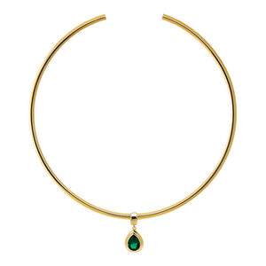 Colored CZ Pear Bezel / Solid Tube Open Collar Pendant Necklace