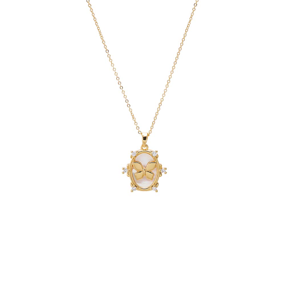 Gold CZ Rimmed Butterfly Oval Charm Necklace - Adina Eden's Jewels