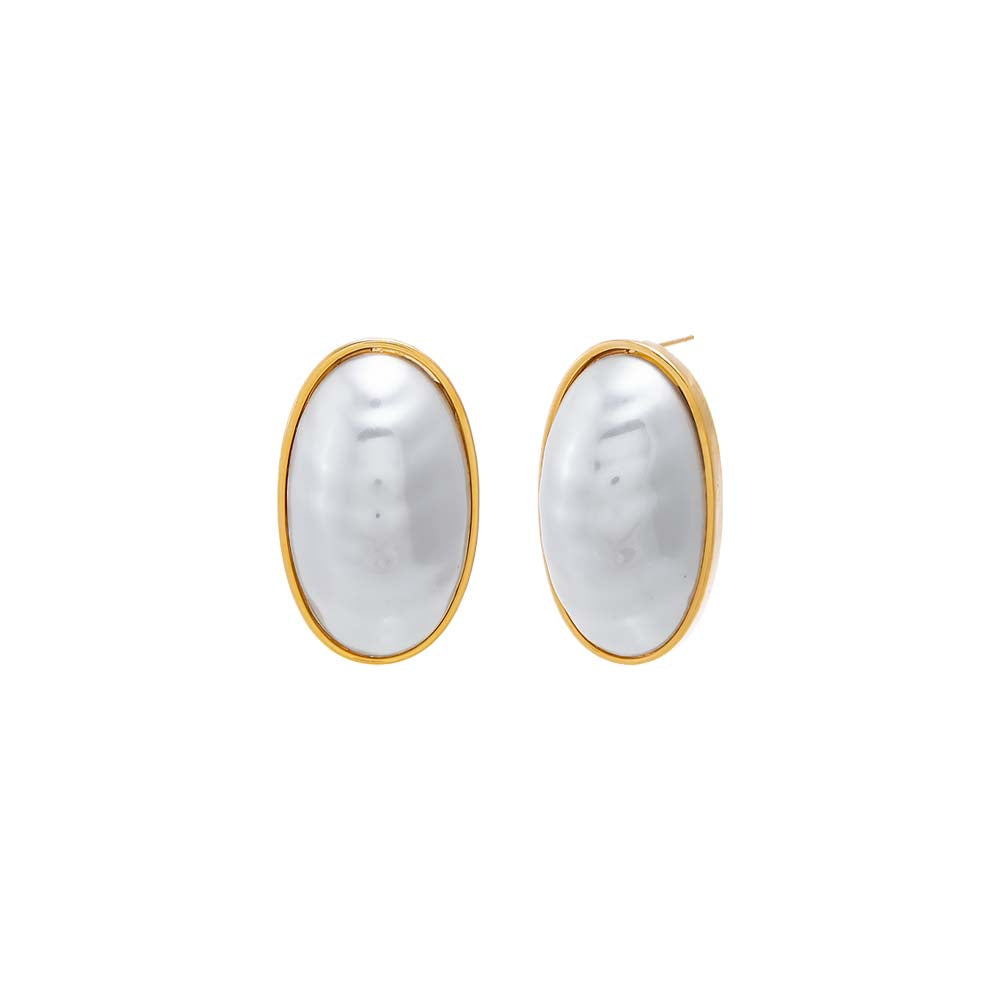 Gold Oval Faux Pearl Stud Earring - Adina Eden's Jewels