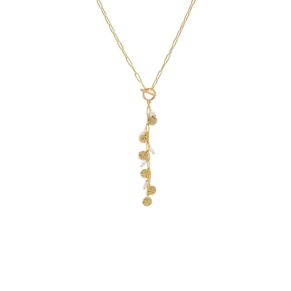 Gold Textured Coin & Pearl Drop Lariat Necklace - Adina Eden's Jewels