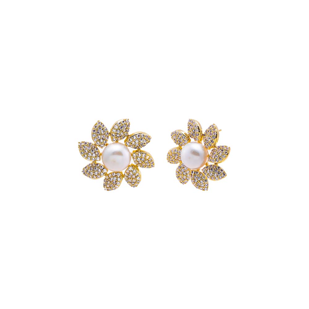 Gold Gold Floral Pearl Stud Earring - Adina Eden's Jewels