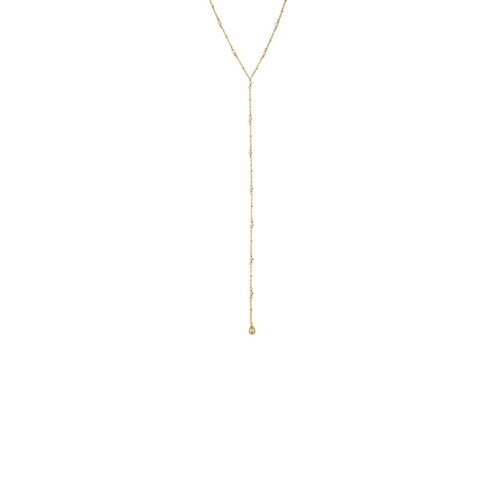 CZ Teardrop Bezel Pearl Lariat Necklace
