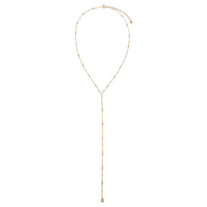CZ Teardrop Bezel Pearl Lariat Necklace