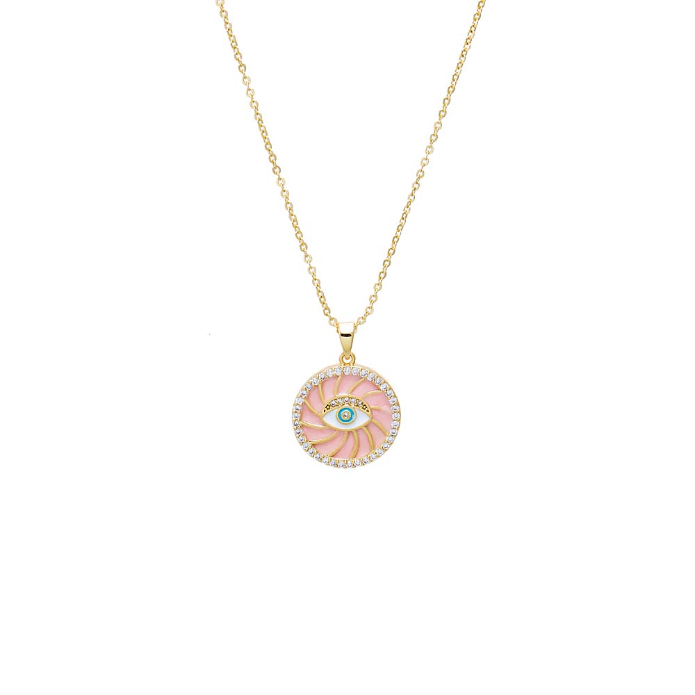 Pink Colored Enamel Evil Eye Disc Pendant Necklace - Adina Eden's Jewels