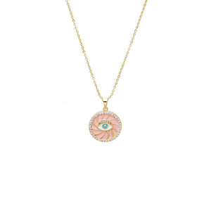 Pink Colored Enamel Evil Eye Disc Pendant Necklace - Adina Eden's Jewels