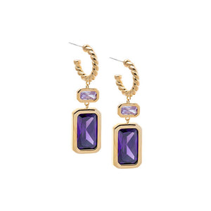 Purple Colored Elongated Bezel Emerald Drop Hoop Earring - Adina Eden's Jewels