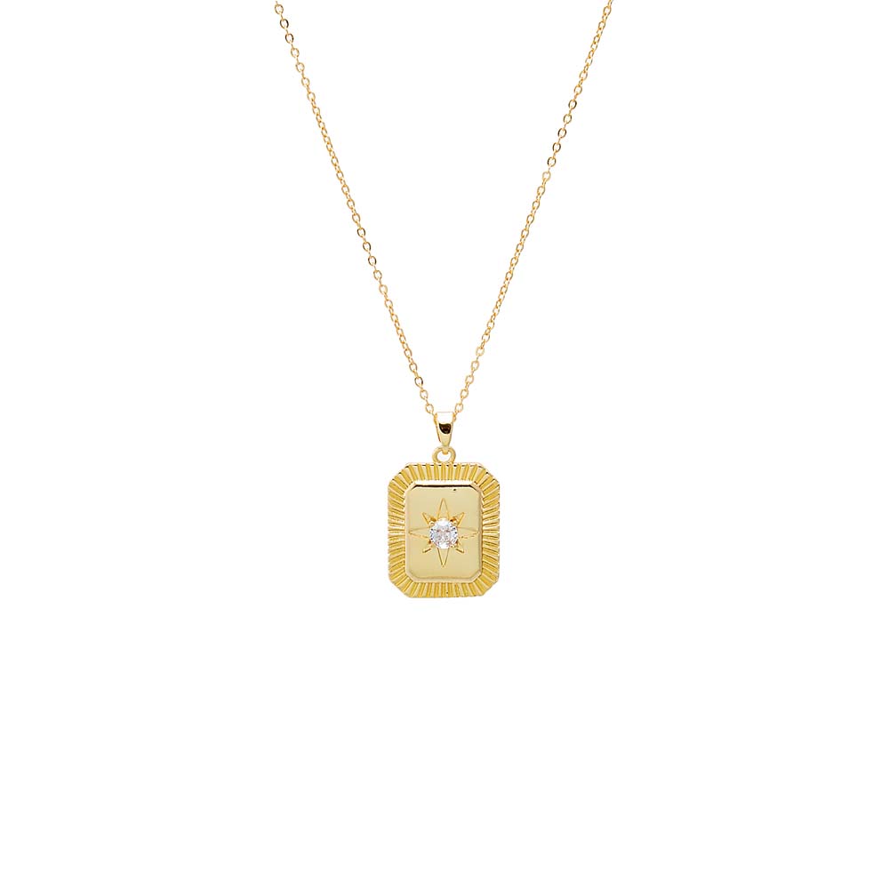 Gold CZ Starburst Dog Tag Charm Necklace - Adina Eden's Jewels
