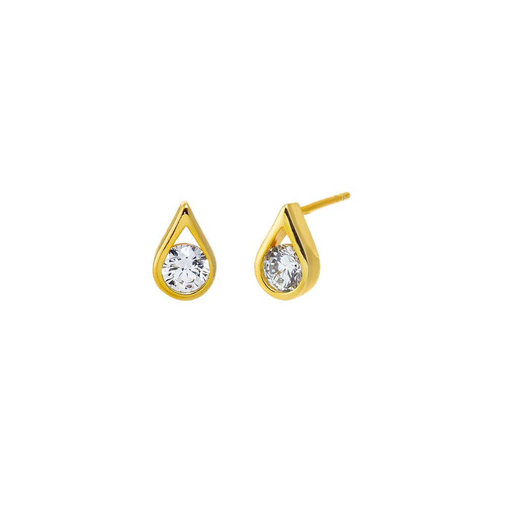 Gold CZ Round Stone Teardrop Bezel Stud Earring - Adina Eden's Jewels