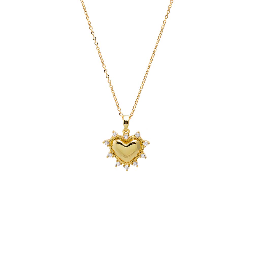 Gold CZ Rimmed Puff Heart Pendant Necklace - Adina Eden's Jewels