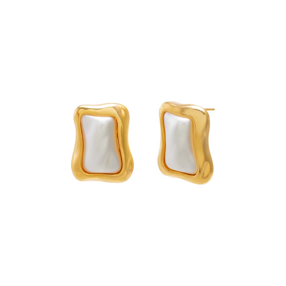 Gold Wavy Frame Mother of Pearl Stud Earring - Adina Eden's Jewels
