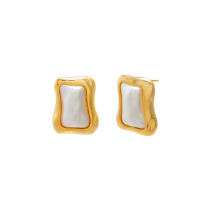 Gold Wavy Frame Mother of Pearl Stud Earring - Adina Eden's Jewels