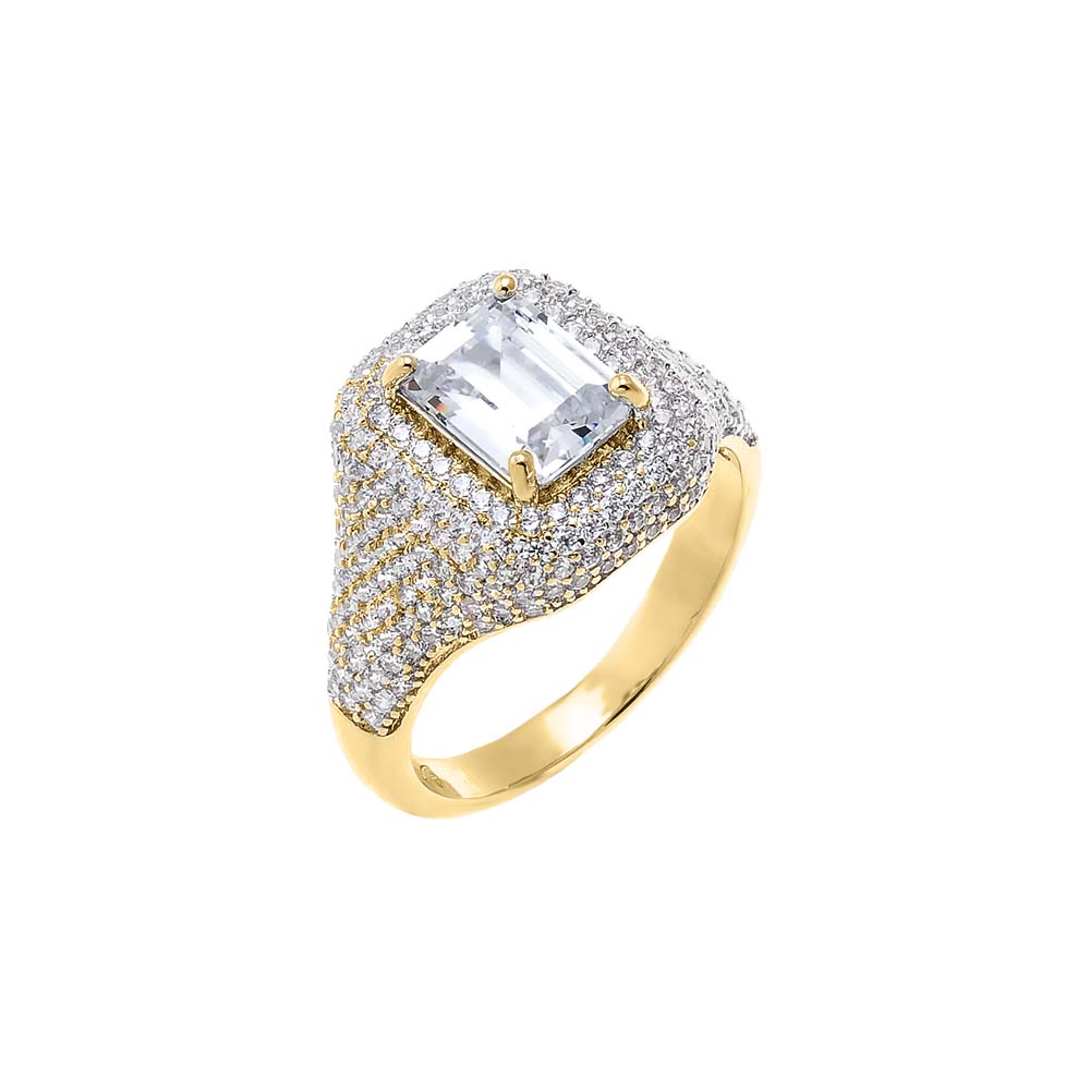 Gold / 3 CZ Emerald-Cut Pavé Dome Pinky Ring - Adina Eden's Jewels