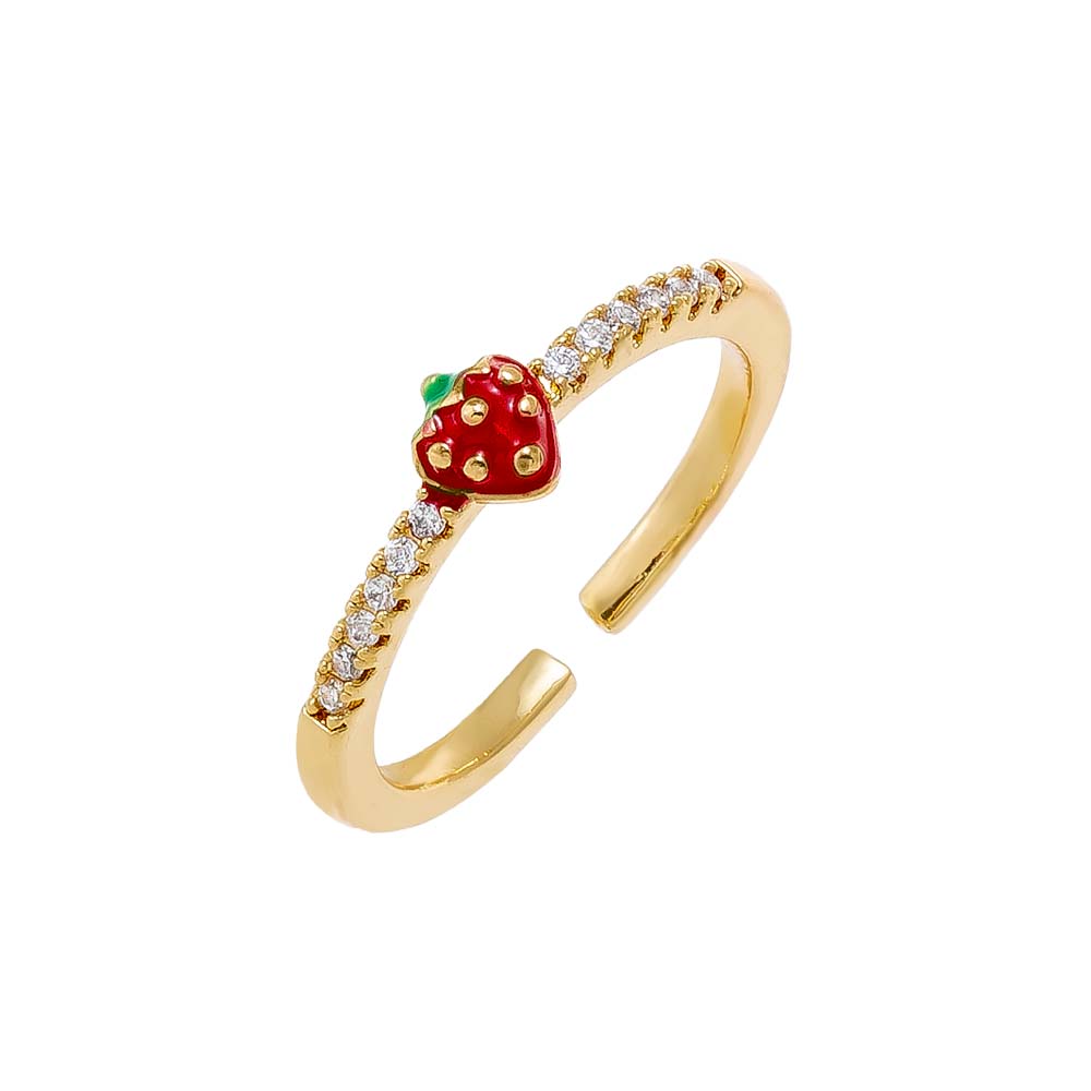 Red Tiny Pave Strawberry Enamel Adjustable Ring - Adina Eden's Jewels