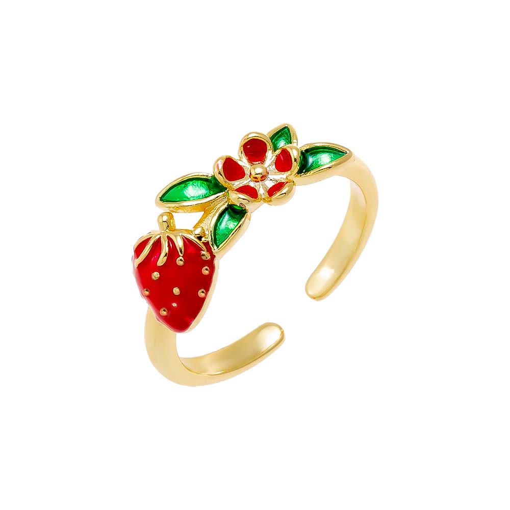 Red Colored Enamel Strawberry & Flower Adjustable Ring - Adina Eden's Jewels