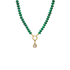 Malachite Colored Natural Stone Beaded /CZ Pear Bezel Charm Necklace - Adina Eden's Jewels