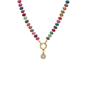 Multi-Color Colored Natural Stone Beaded /CZ Pear Bezel Charm Necklace - Adina Eden's Jewels