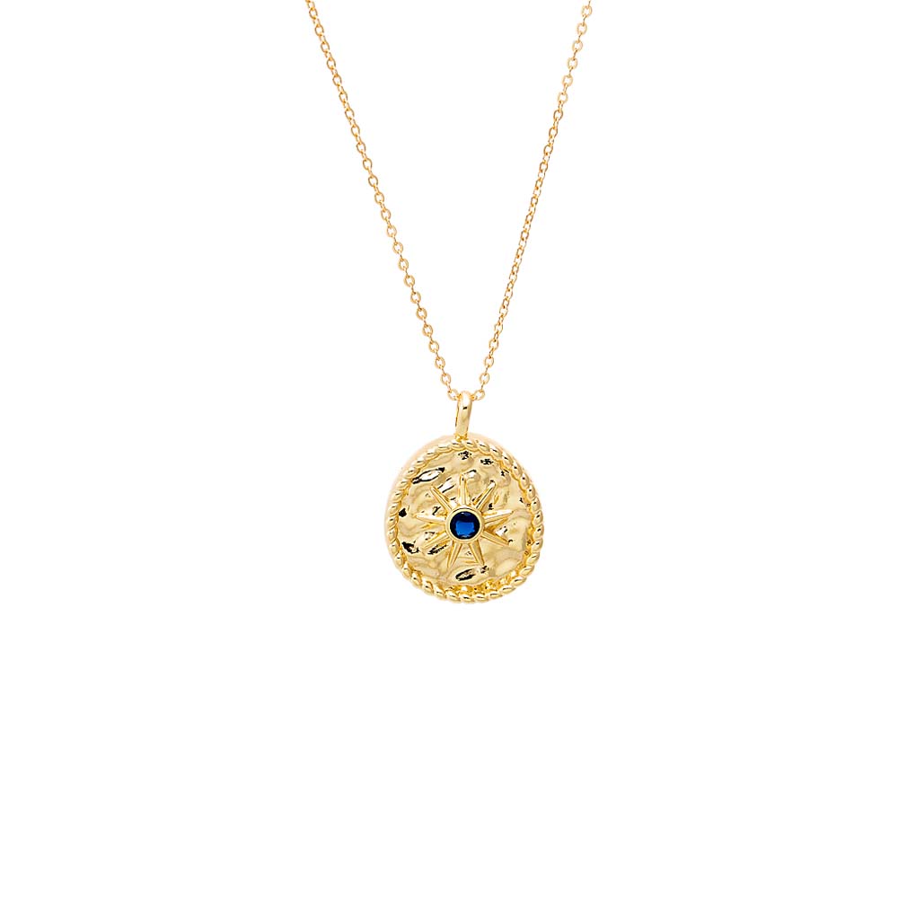 Gold Blue CZ Textured Coin Necklace - Adina Eden's Jewels