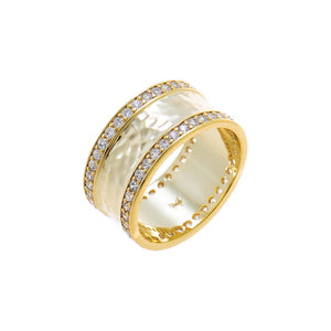 Gold / 6 Double Pave Hammered Wide Band Ring - Adina Eden's Jewels