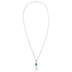 Enamel White /Turqoise Fish Charm Extra Long Necklace - Adina Eden's Jewels