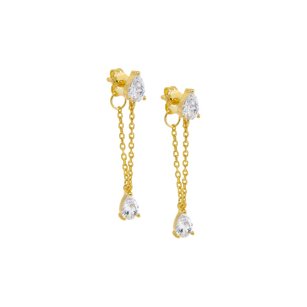 Gold Dangling Teardrop Chain Front Back Stud Earring - Adina Eden's Jewels