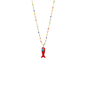 Red Colored Enamel /Turquoise Fish Charm Extra Long Necklace - Adina Eden's Jewels
