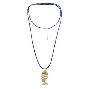 Gold Fish Bone / Navy Blue Beaded Pendant Necklace