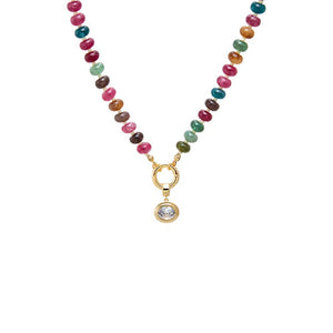 Multi-Color Colored Natural Stone Beaded /CZ Oval Bezel Charm Necklace - Adina Eden's Jewels