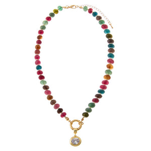 Colored Natural Stone Beaded /CZ Oval Bezel Charm Necklace - Adina Eden's Jewels