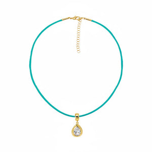 Colored CZ Pear Bezel Pendant & Rope Chain Choker Necklace