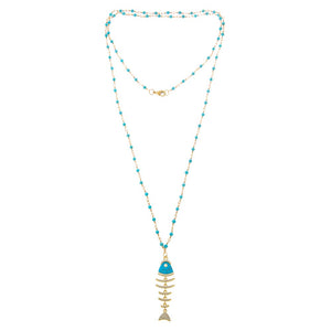 Pave/Turquoise Fishbone Extra Long Chain Pendant Necklace - Adina Eden's Jewels