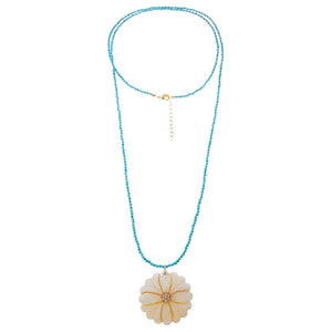 Mother of Pearl Flower With Turquoise Bead Pendant Necklace