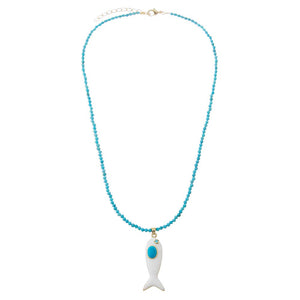 White Enamel Fish Turquoise Beaded Pendant Necklace
