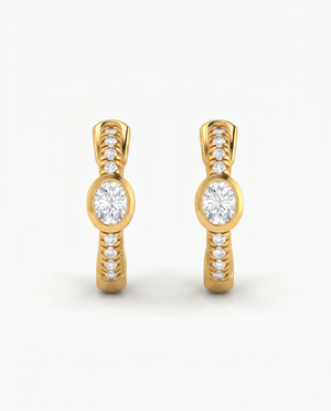 Diamond Oval Bezel Accent Pave Huggie Earring 14K