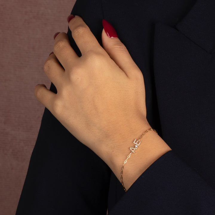  Diamond Pave Double Initial Paperclip Bracelet 14K - Adina Eden's Jewels