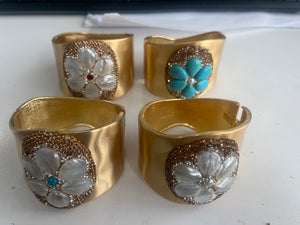 Turquoise Bezel White Flower Wide Bangle - Adina Eden's Jewels