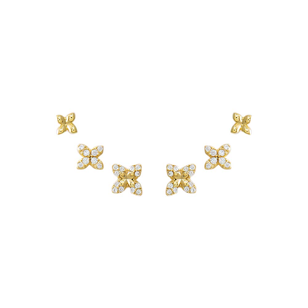 Gold Solid/Pave Graduated Four Leaf Flower Stud Earring Combo Set - Adina Eden's Jewels