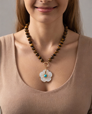 Turquoise White Shell Flower/ Tiger Eye Large Beaded Pendant Necklace