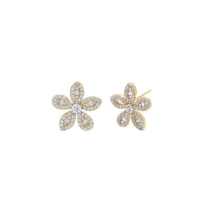Gold Pave CZ X Baguete Flower Stud Earring - Adina Eden's Jewels