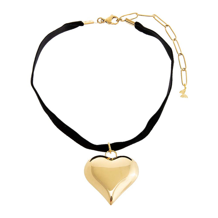 Gold Medium Puffy Heart Necklace Black Velvet Choker - Adina Eden's Jewels
