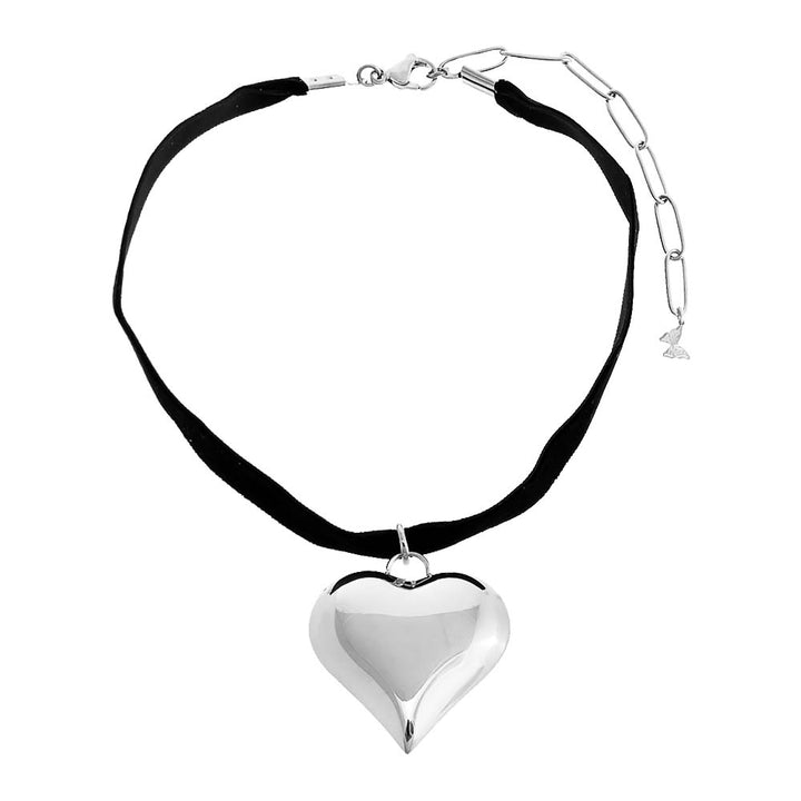 Silver Medium Puffy Heart Necklace Black Velvet Choker - Adina Eden's Jewels