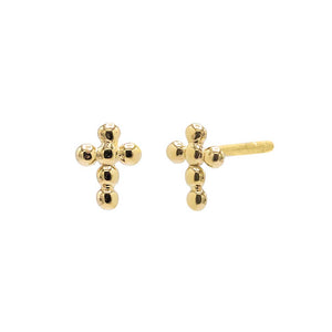 14K Gold / Pair Mini Solid Beaded Cross Stud Earring 14K - Adina Eden's Jewels