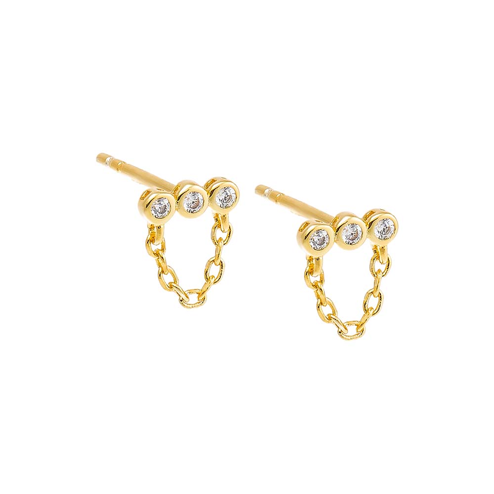 Gold Mini Triple CZ Bezel Bar Drop Chain Stud Earring - Adina Eden's Jewels