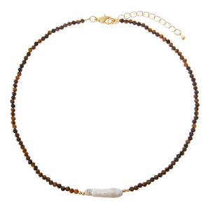 Tiger Eye Colored Beaded Freshwater Pearl Bar Necklace - Adina Eden's Jewels