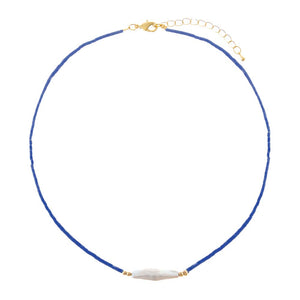Lapis Colored Glass Seed Bead Freshwater Pearl Bar Necklace - Adina Eden's Jewels