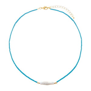 Turquoise Colored Glass Seed Bead Freshwater Pearl Bar Necklace - Adina Eden's Jewels