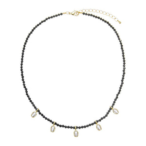 Black / 3MM Onyx Beaded CZ Oval Bezel Dangle Charm Necklace - Adina Eden's Jewels